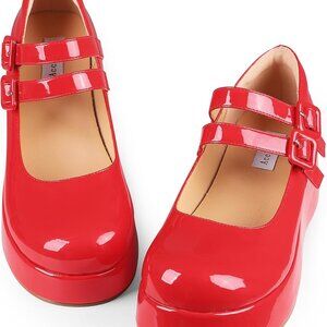 Mary Jane Shoes Women Girls Vegan Leather Chunky Heel Platform Ankle Strap